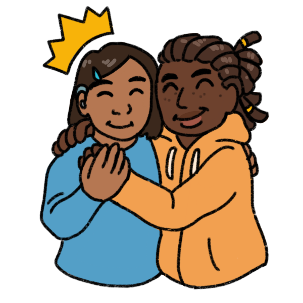 two people embracing and smiling. One has a crown over their head. The one without a crown is a young Black person with their locs in a bun, and wearing an orange hoodie. The one with a crown is a young South Asian person with short brown hair and a hearing aid, and is wearing a blue hair clip and a blue shirt